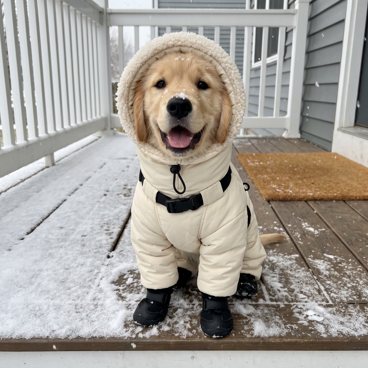 Golden retriever wearing the beige Merry Little Paws Winter Dog Snowsuit with matching booties on a snowy porch