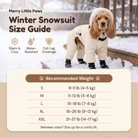 Merry Little Paws winter snowsuit size guide with recommended dog weights for S, M, L, XL, and XXL