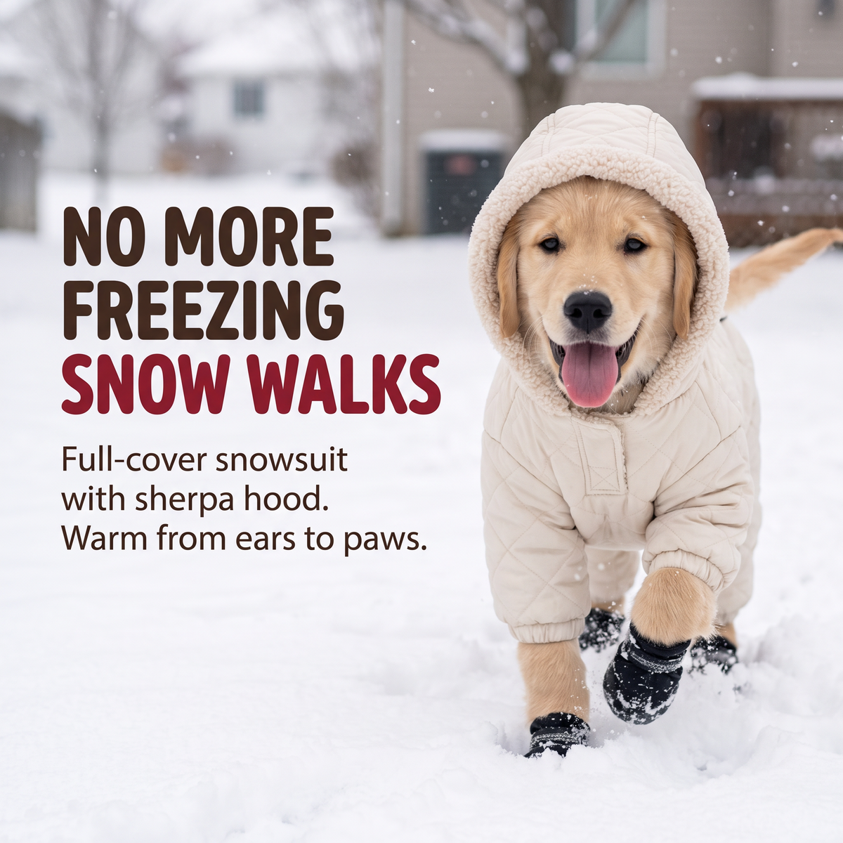 Merry Little Paws winter snowsuit snow-walk promotional image showing a beige hooded dog jacket