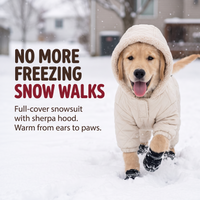 Merry Little Paws winter snowsuit snow-walk promotional image showing a beige hooded dog jacket